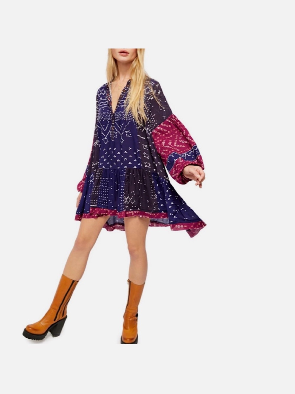 Free People Navy & Magenta Printed Boho Dress